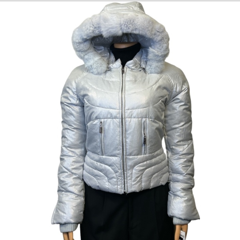 Palomares Sports Quilted Jacket Silver Gray Hooded Rabbit Fur Trim  size M